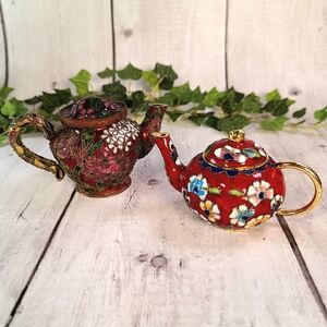 2 Vintage Chinese Cloisonne Small Teapots - Red Gold Florals With Removable Lids